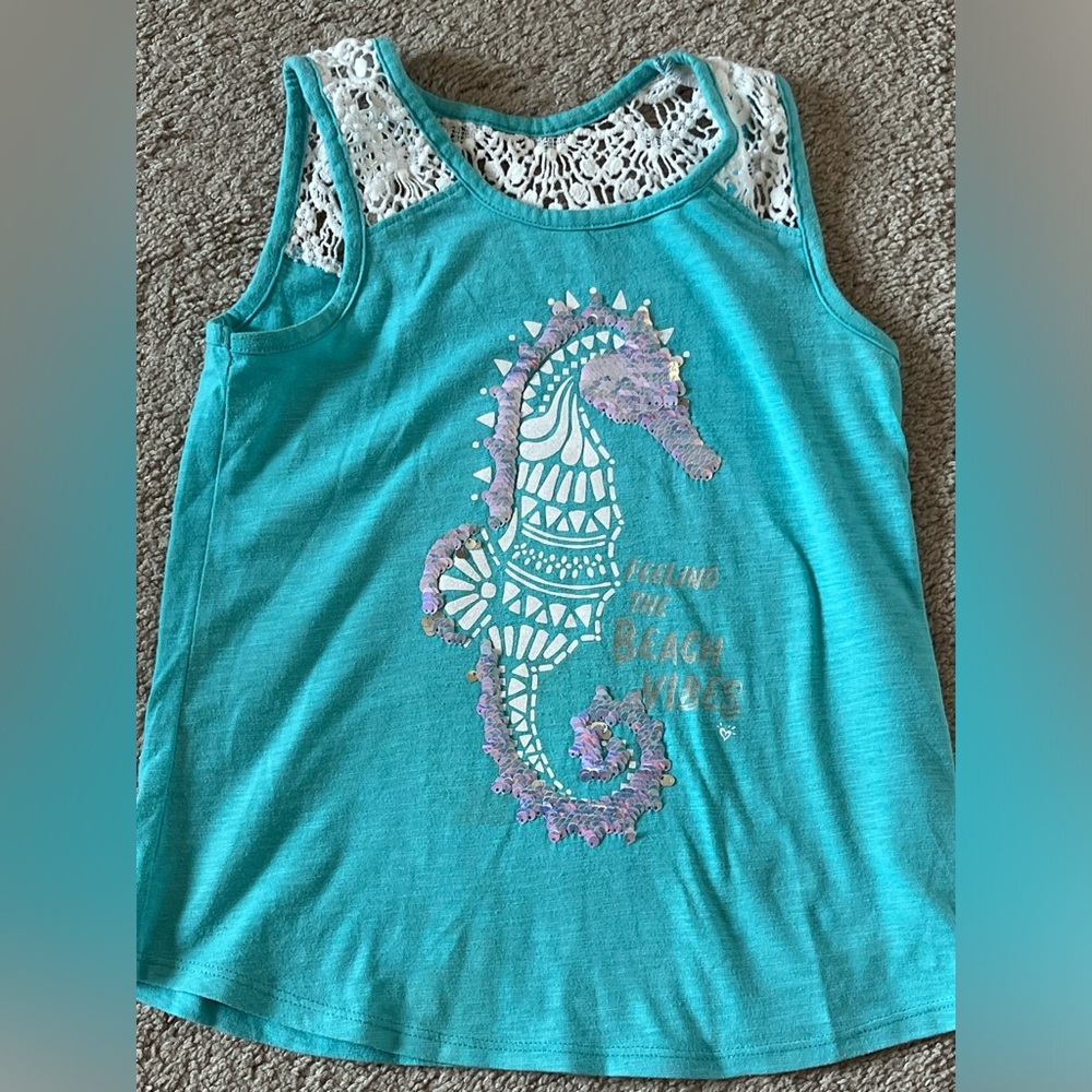 Justice Girl's Flip Sequin Seahorse Teal Tank Top Size 6/7